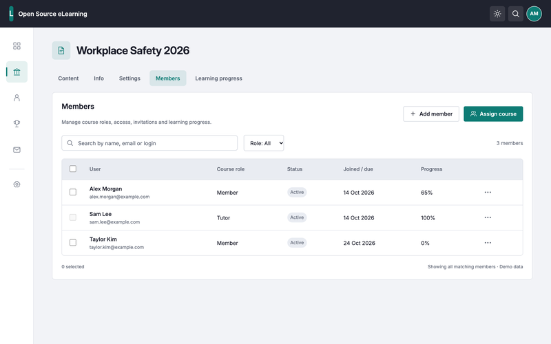 Administrator preview: course members, learning progress and assignment management