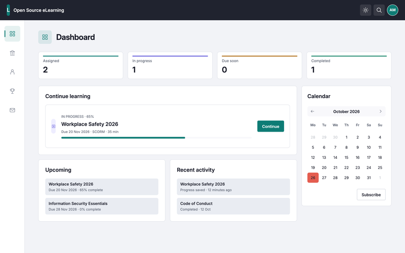 ILIAS exploration: redesigned learner dashboard with courses, deadlines and learning progress