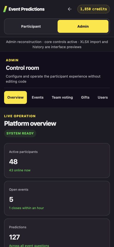 Administrator preview: configure events, manage participants and settle results